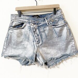 NEW EB Denim Crossover Angled Waist Metallic Silver Foil Cut Off Denim Shorts 30